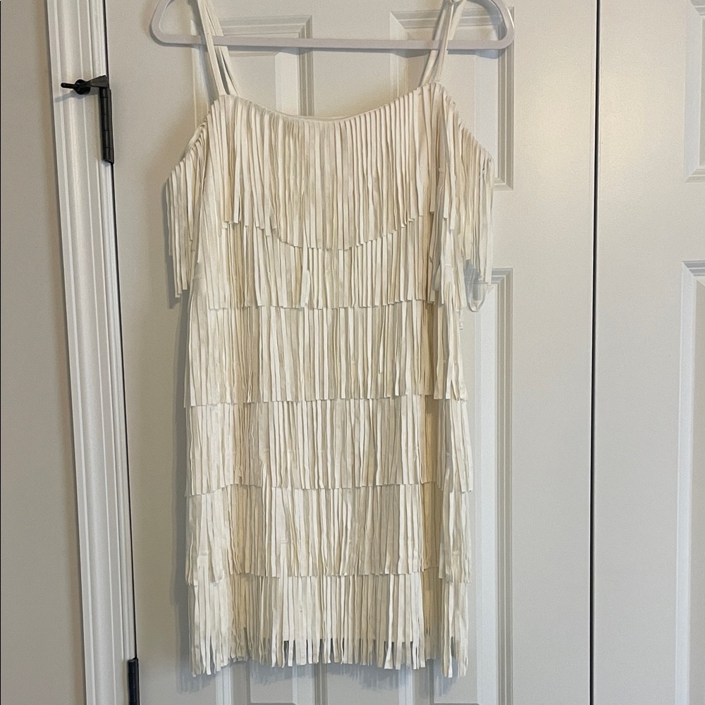 Cream Fringe Spaghetti-Strap Mini Dress